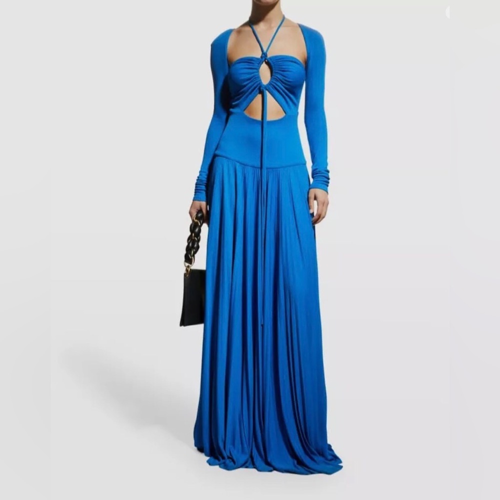 $1690 Proenza Schouler Women Blue Pleated Ruched Cutout Halter Dress Size 10